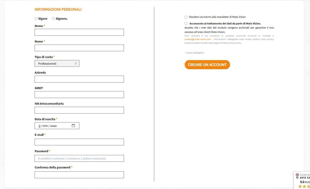 Informazioni sull'Account Professionale Moto Vision