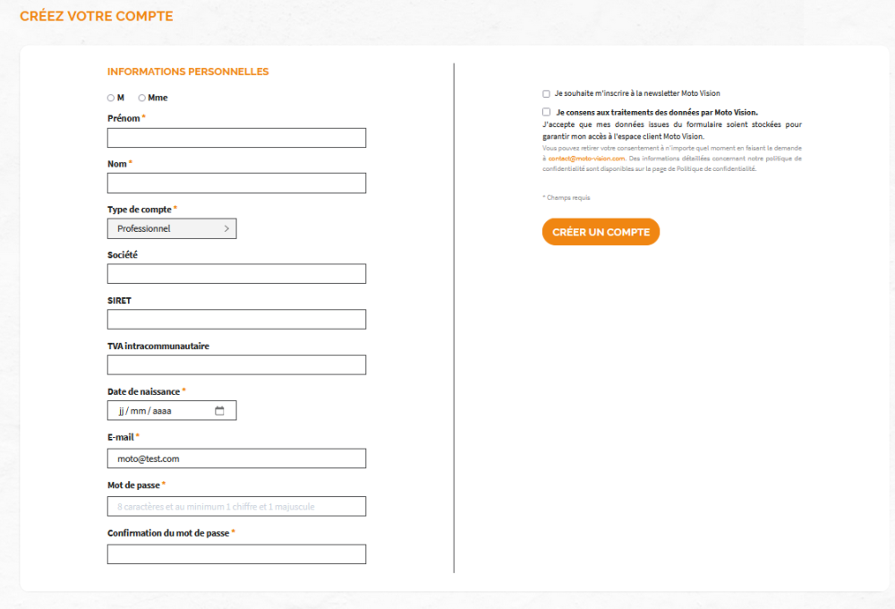 Information Compte Professionnel Moto Vision
